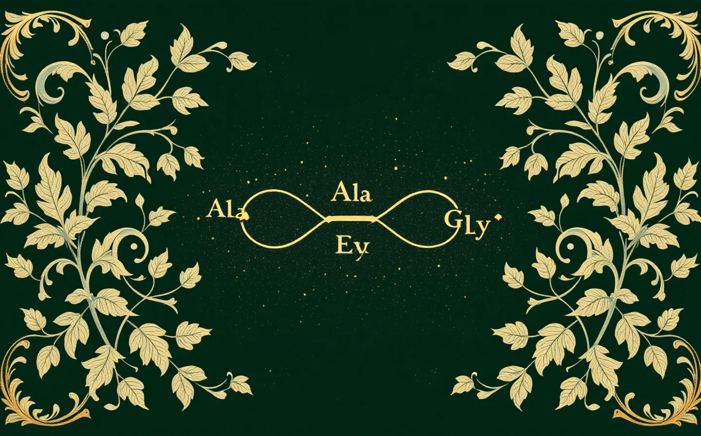 Gilt acanthus-scroll illustration of an abstract four-node tetrapeptide chain growing into Morris-style leafwork on deep evergreen
